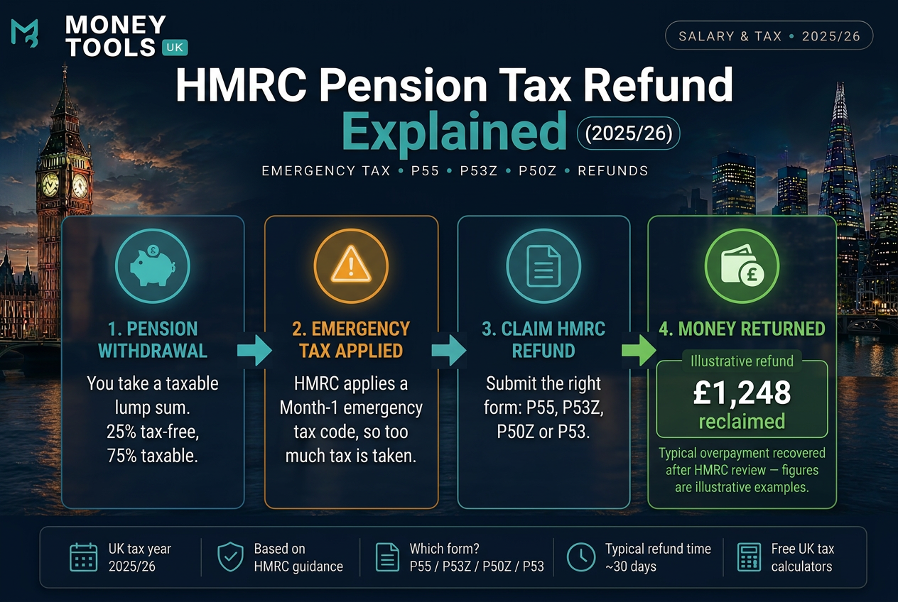 HMRC pension tax refund explained UK 2025/26 — emergency tax on pension withdrawals and how to reclaim overpaid tax using forms P55, P53Z, P50Z and P53